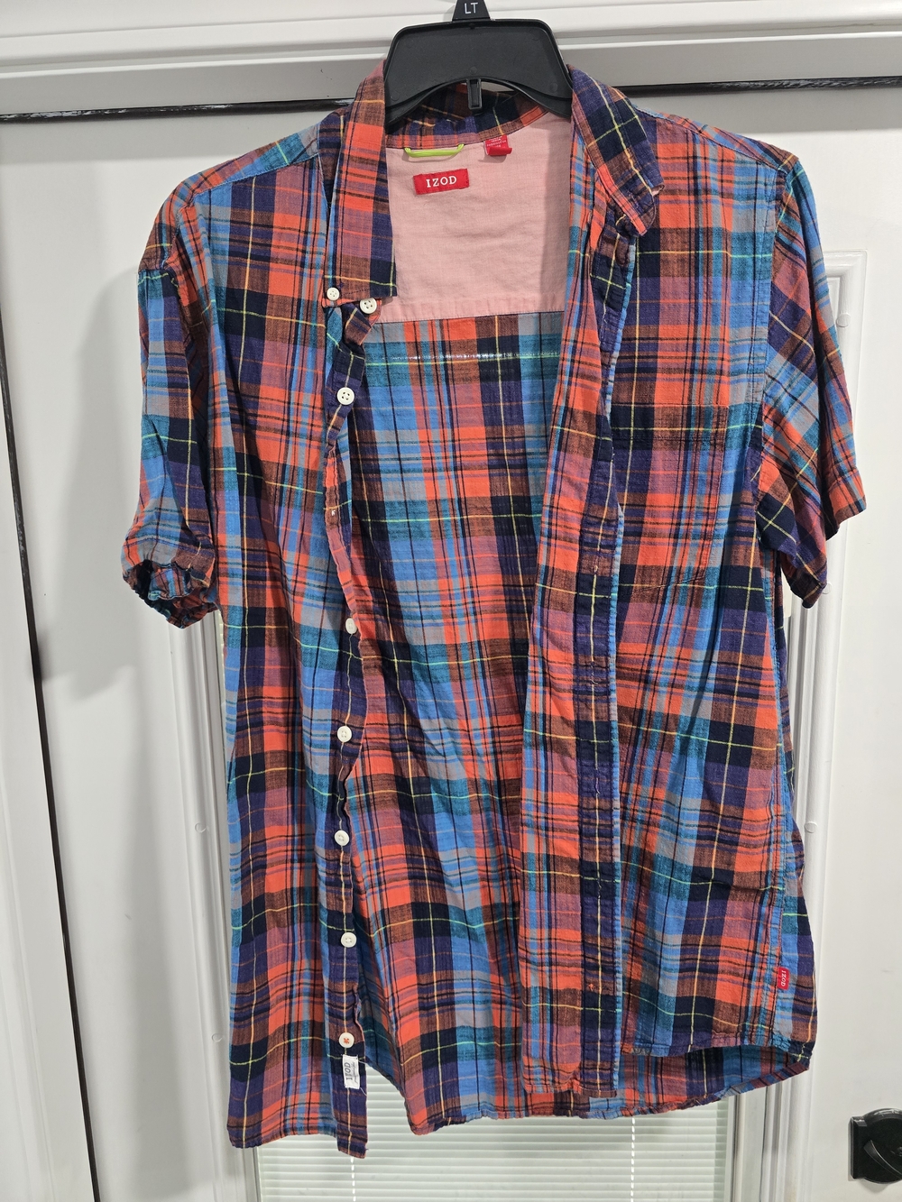 Izod Coral, Blue & Black Plaid Short Sleeve Button-Up Shirt